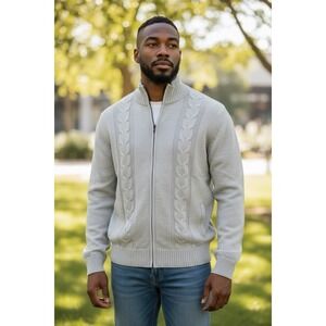 Men's Vintage Nautica Full Zip Cable Knit Cardigan W/ Pockets Beige/Cream SZ XL